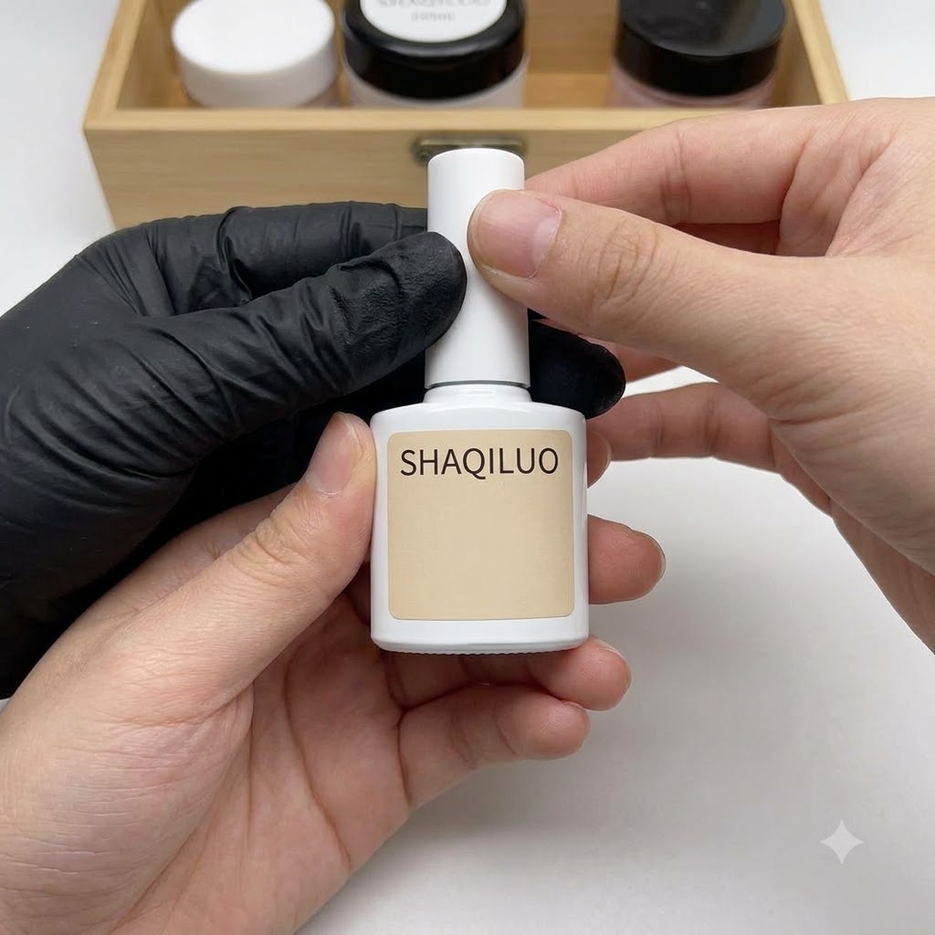 Eine behandschuhte Hand hält eine weiße Flasche Shaquiluo Gel-Lack vor einem hölzernen Tischhintergrund.