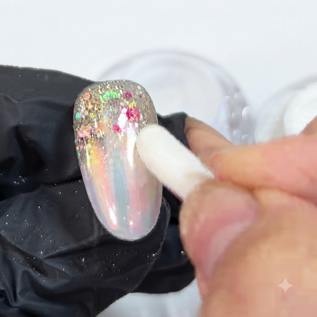 Ein sauberer Schwammapplikator drückt fest auf eine mit Aurora-Puder beschichtete Nageloberfläche in einer behandschten Hand.