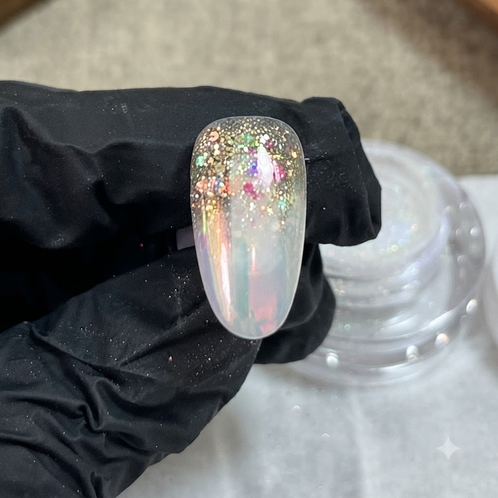 Eine fertige Nagelverlängerung zeigt einen glatten Verlauf und Glitzerlayout, in Nahaufnahme auf einem behandschuhten Finger.