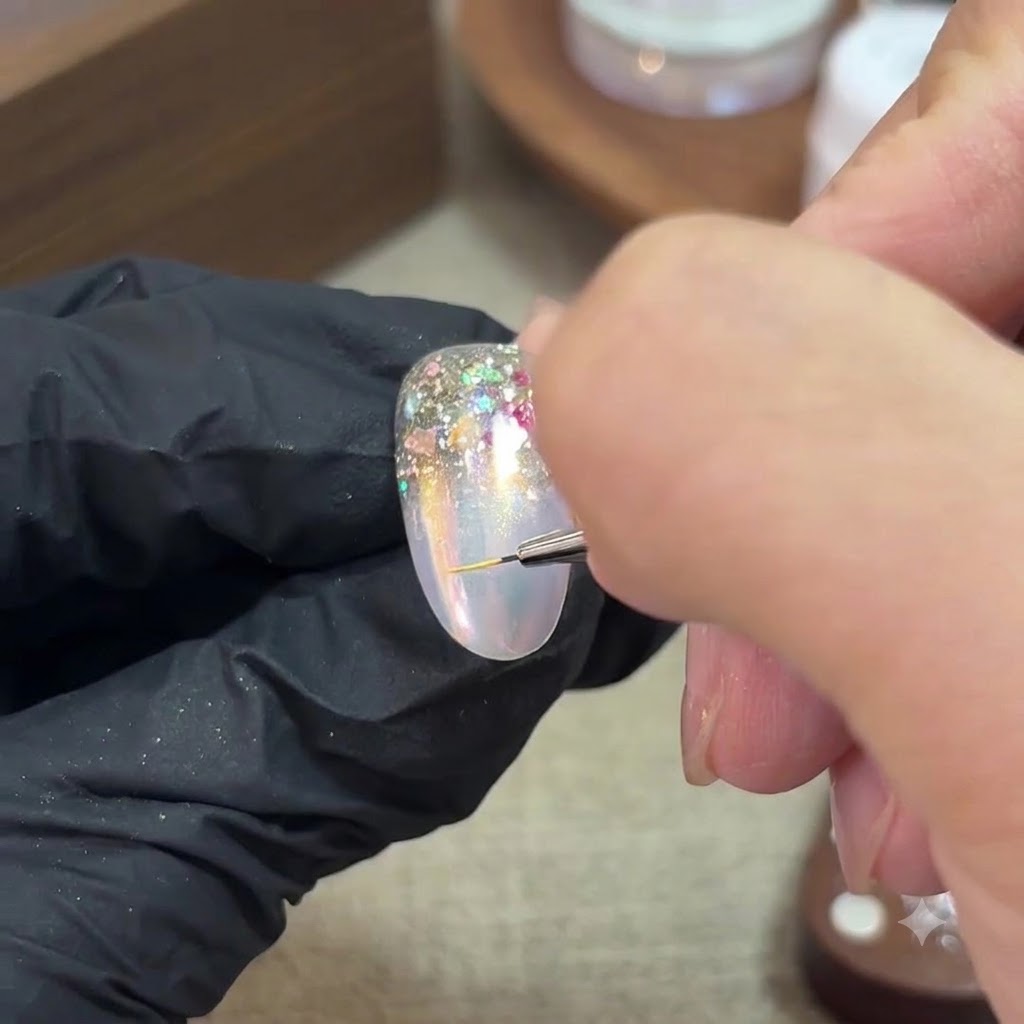 Ein Liner-Pinsel verwendet gelbes Gel, um einen sechszackigen Stern auf einen dekorierten Nagel zu malen.