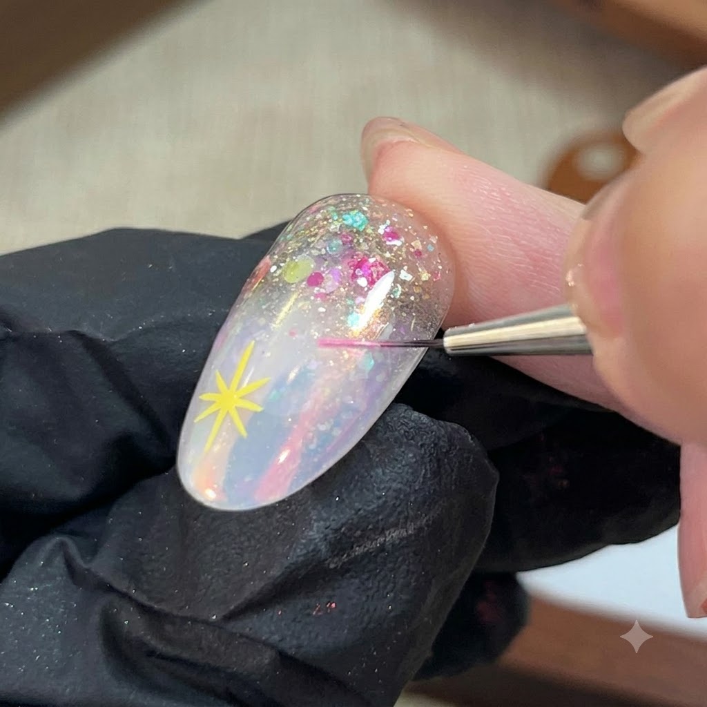 Ein feiner Pinsel verwendet rosa Gel, um einen fünfzackigen Stern neben einem gelben Stern auf einem Nagel zu malen.