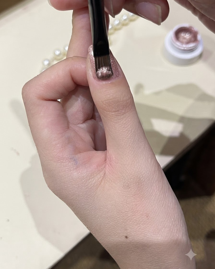 Eine Nahaufnahme zeigt einen feinen Pinsel, der einen schimmernden Cat-Eye-Gel-Unterlack auf einen Daumennagel aufträgt.
