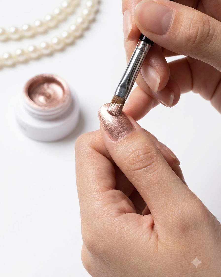 Ein Magnetstab wird direkt über einen feuchten Cat-Eye-Gel-Daumennagel gehalten, um die Partikel zu formen.
