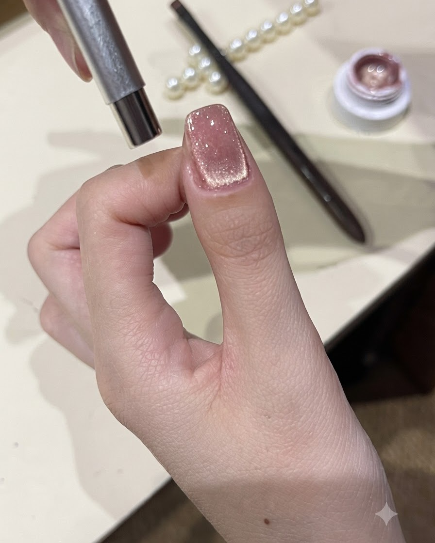 Eine Nahaufnahme eines Daumennagels, der einen zentrierten und schimmernden Cat-Eye-Lichtstreifen zeigt.