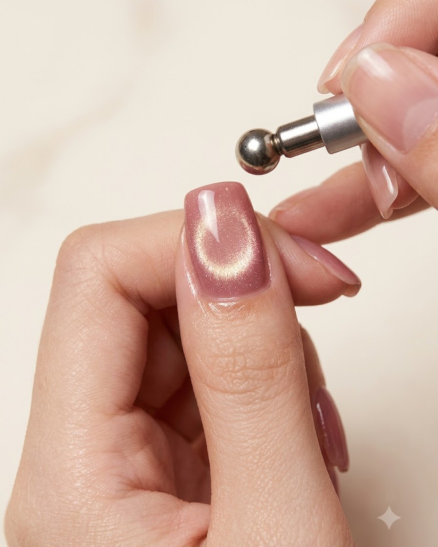 Ein kugelförmiges Magnetwerkzeug schwebt über einem Nagel, um einen konzentrierten Cat-Eye-Kugeleffekt zu formen.