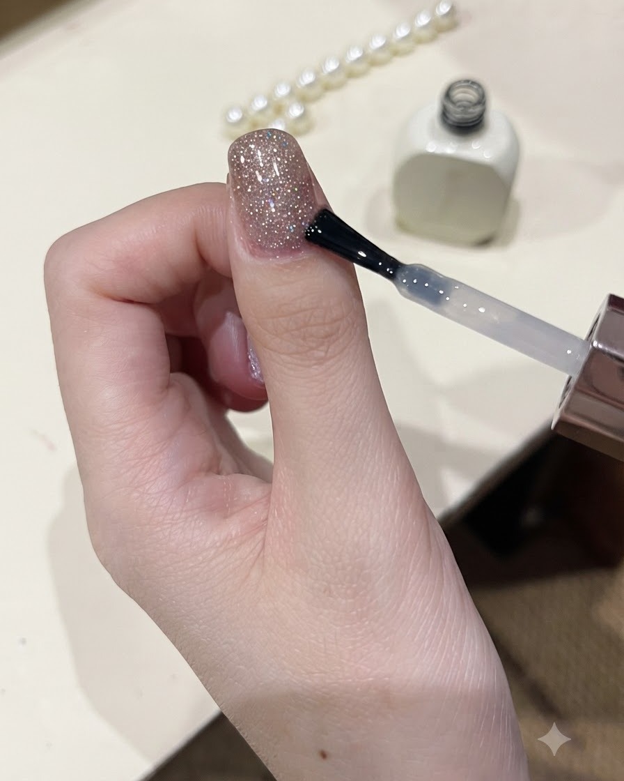 Ein Pinsel trägt eine klare, glänzende Überzugsschicht auf ein glitzerndes Nageldesign auf.