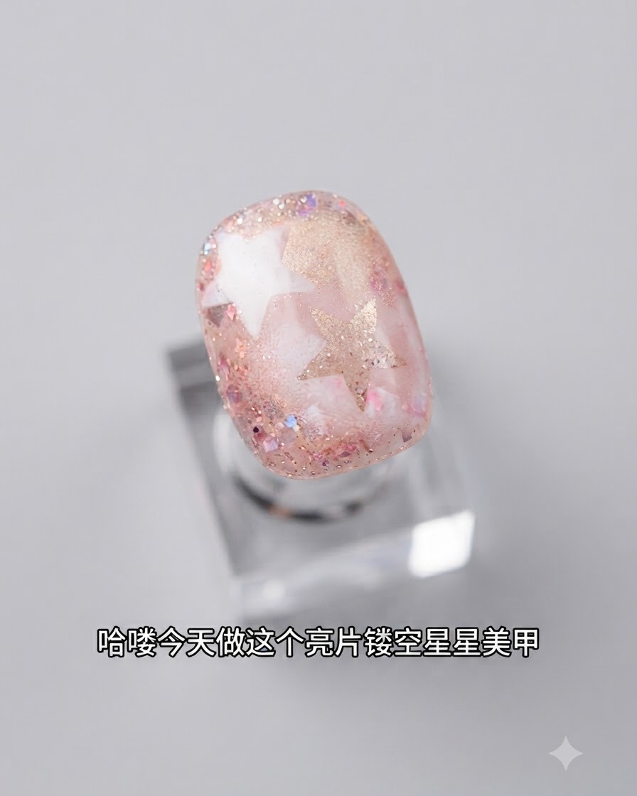 Ein Schwamm tupft leicht einfarbiges Gel über eine auf der Nagelfläche positionierte Sternschablone.