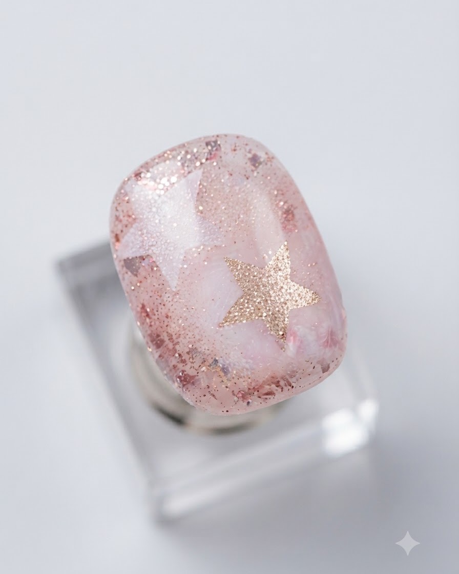Ein Pinsel lässt eine Schicht hochglänzenden Topcoat über das fertige hohle Stern- und Glitter-Nageldesign gleiten.