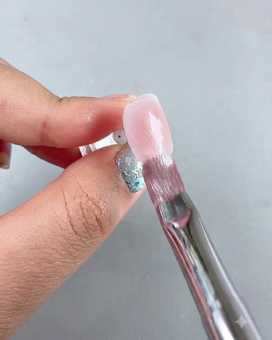 Ein Pinsel beschichtet einen Nagel mit transluzentem Cat-Eye-Gel über dem Blush-Hintergrund.