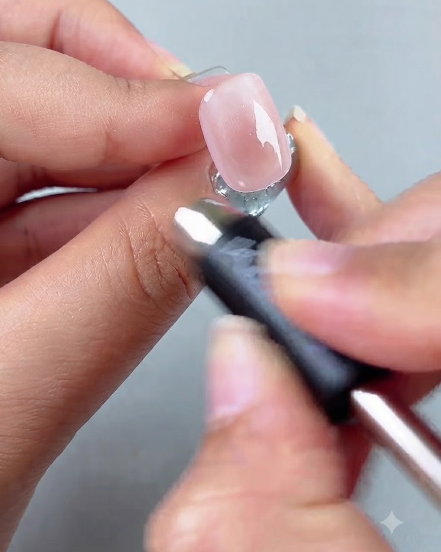Ein Magnetring-Zauberstab wird nah an einen beschichteten Nagel gehalten, um ein leuchtendes Highlight zu formen.