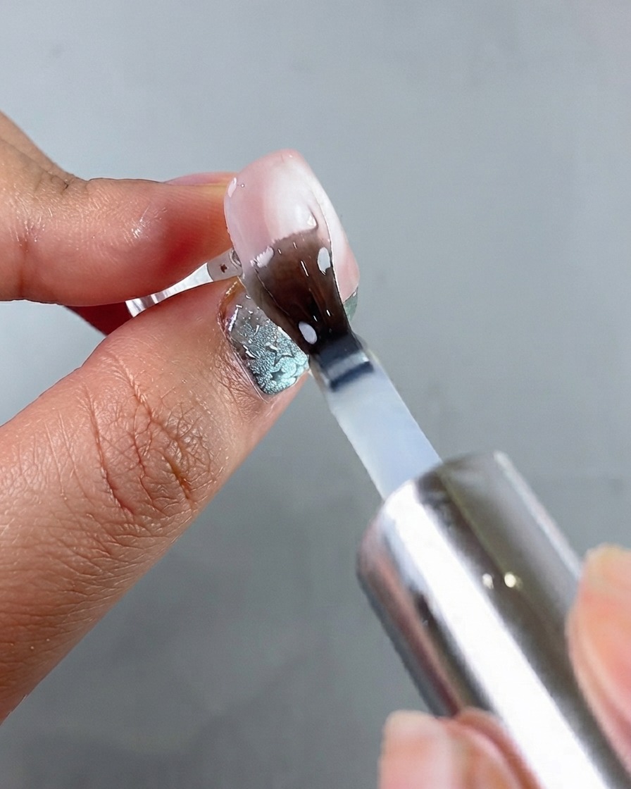 Ein Pinsel trägt einen klaren Versiegelungs-Top-Coat über dem ausgehärteten Cat-Eye-Nagel auf.