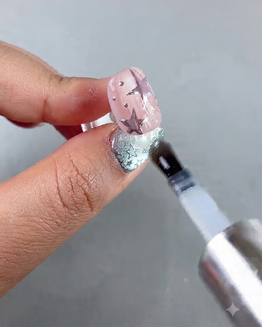 Ein Pinsel trägt einen klaren Top-Coat über einen rosa Nagel auf, der mit violetten Sternen und silbernen Punkten verziert ist.
