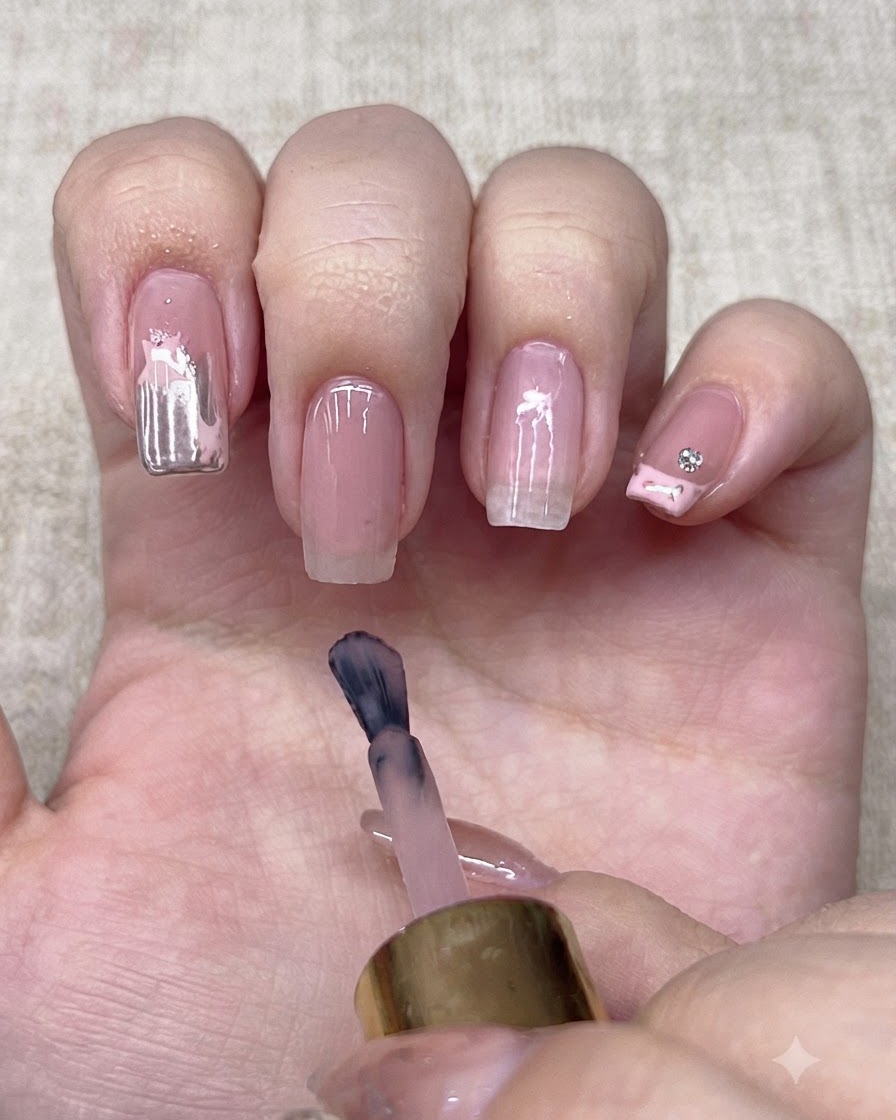 Ein Pinsel trägt eine Nude-Basisfarbe auf einen Fingernagel auf.
