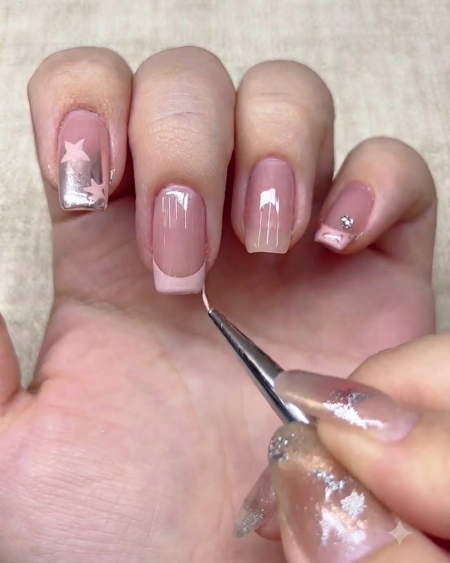 Ein feiner Liner-Pinsel fügt kleine taupefarbene Leo-Flecken entlang der French Tip hinzu.