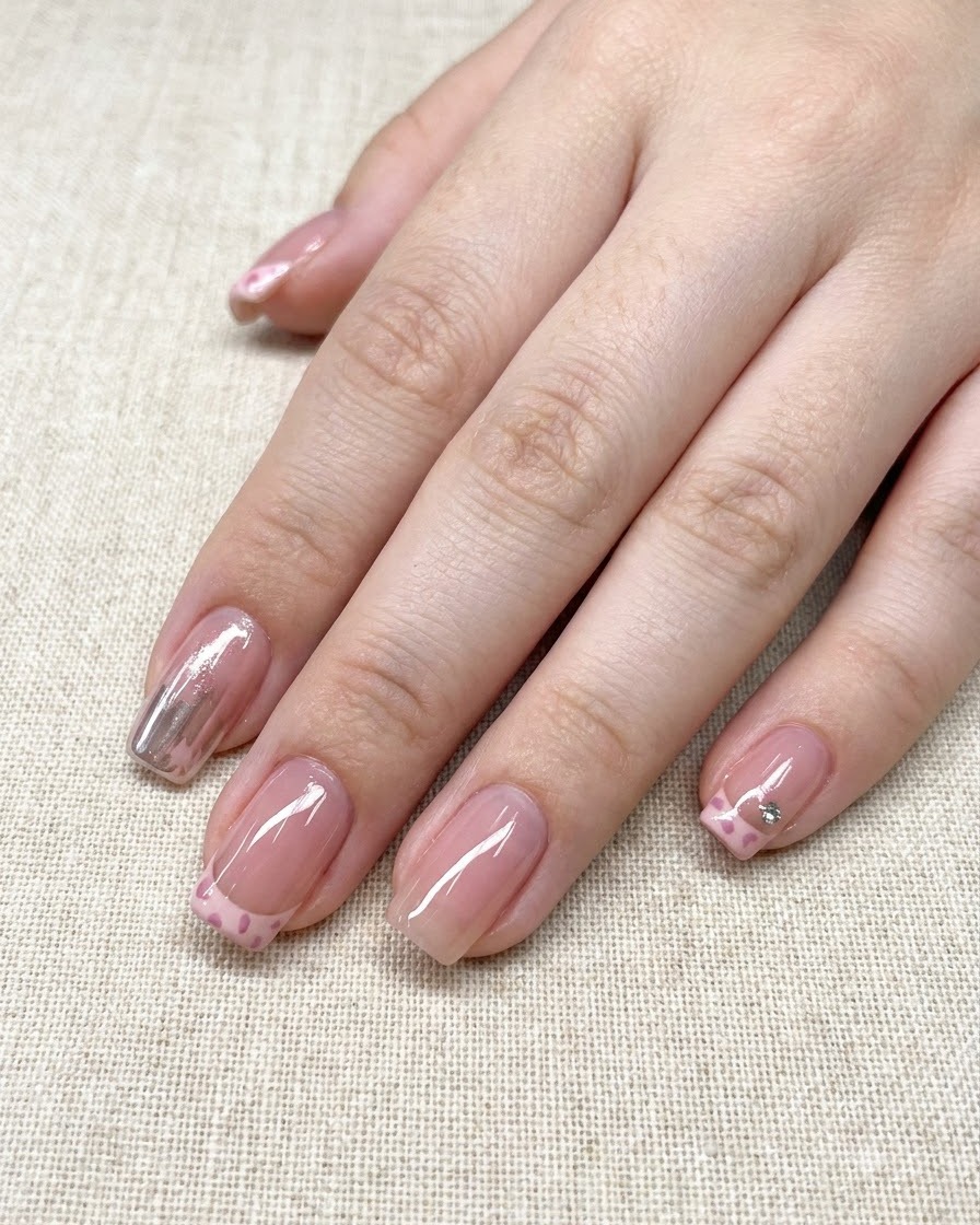 Eine Hand zeigt fertige French-Tip- und Leo-Print-Nail-Art nach dem Auftragen des Topcoats.
