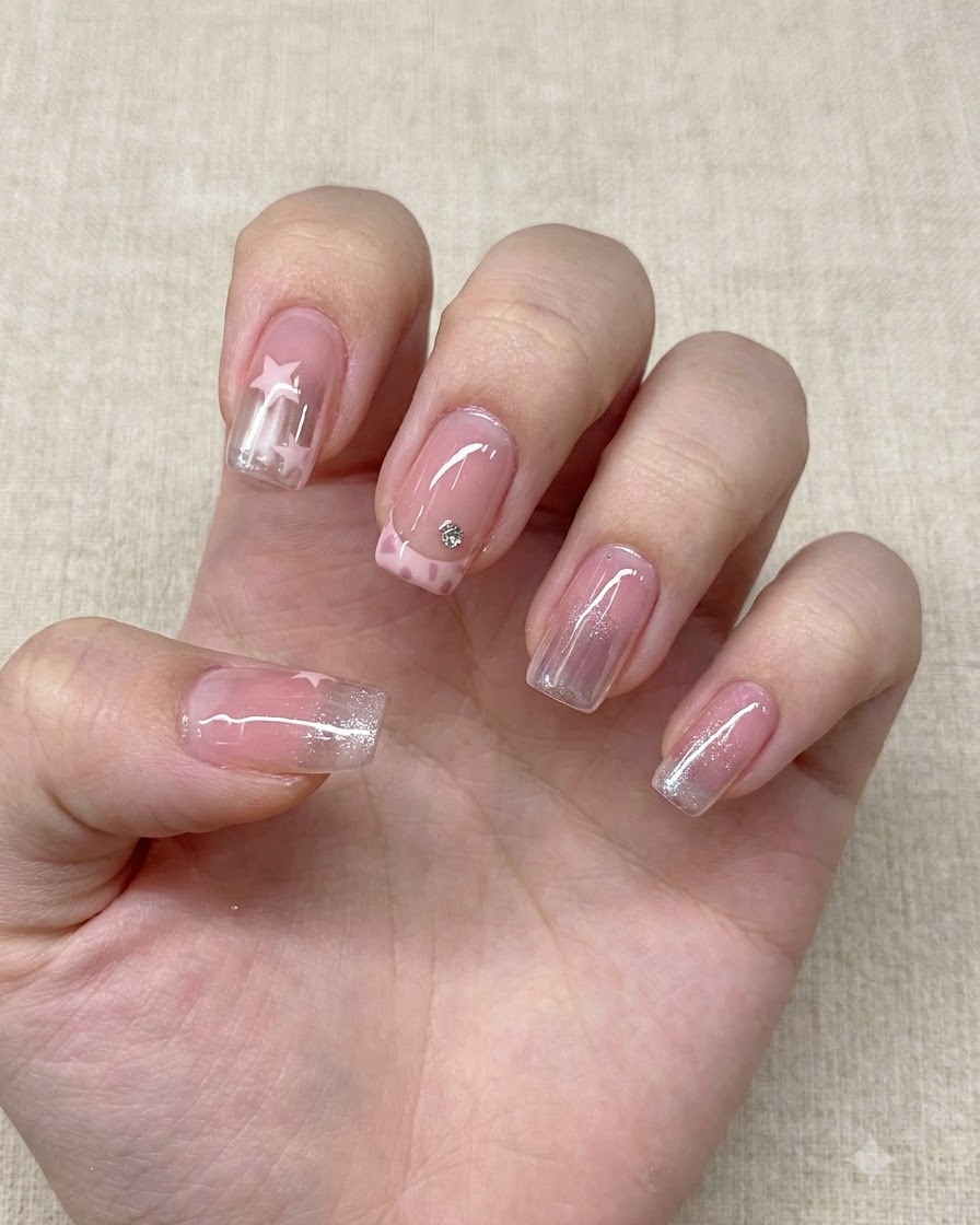 Ein feiner Nail-Art-Pinsel zeichnet winzige rosa Sterne über einen glänzenden Nagel mit Farbverlauf.