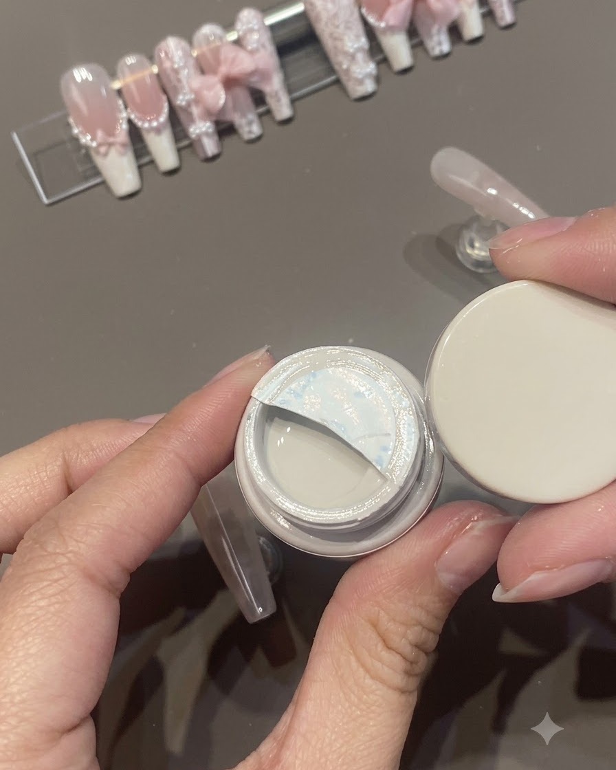 Ein geöffneter Tiegel mit Dorryla Gel-Lack, dessen Schutzversiegelung teilweise abgezogen ist.