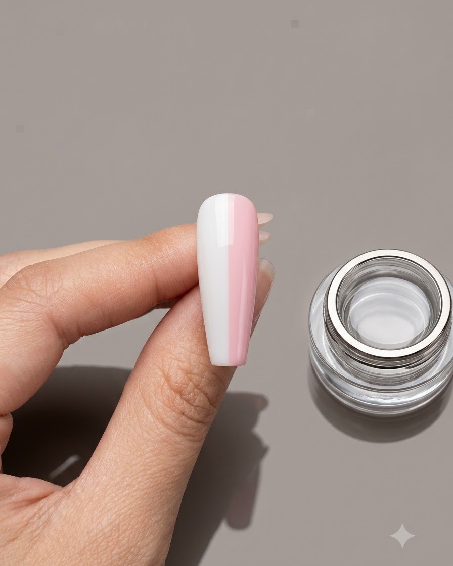 Ein halbweißer und halbpinkfarbener Press-on Nagel, gehalten von Fingern, mit einem transparenten Geltopf daneben.