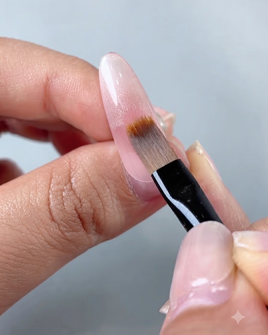 Ein professioneller Nagelpinsel in einem 45-Grad-Winkel verblendet Gel-Nagellack über die Länge eines länglichen Nagels.