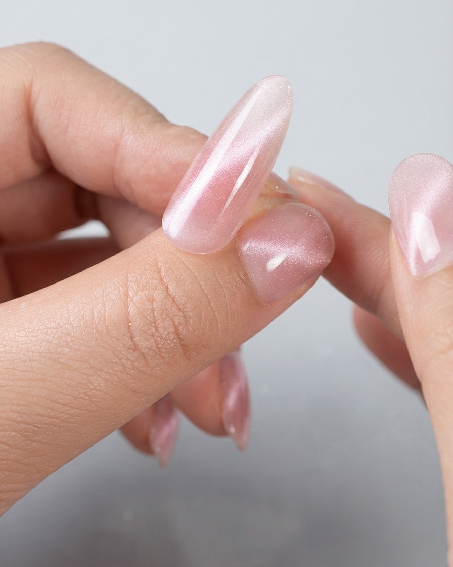 Eine Nahaufnahme fertiger Cat-Eye-Nägel zeigt ein breites, leuchtendes Lichtreflexionsband über glänzenden rosa Oberflächen.