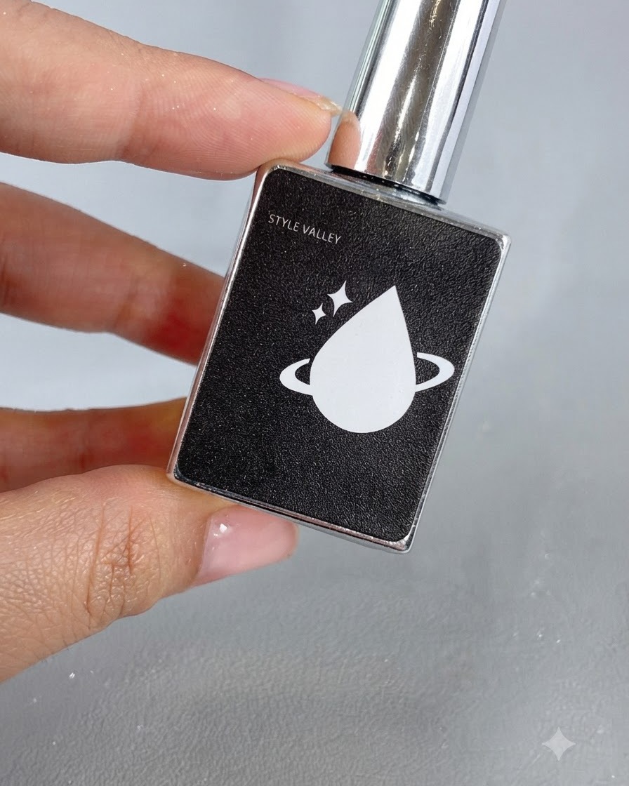 Eine Topcoat-Flasche mit einem Markenschild in der Nähe einer manikürten Hand.