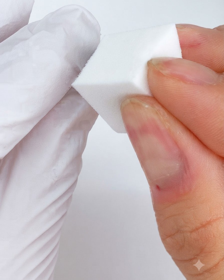 Ein weißer Kosmetikschwamm wird auf einen Nagel gedrückt, um weißes Gel zu einer weichen Kreisform zu verteilen.