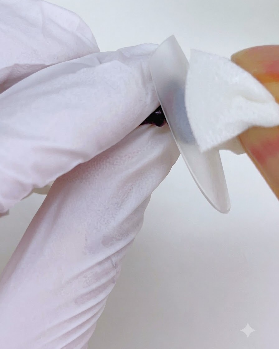 Abwischen einer Nageloberfläche mit einem fusselfreien Cleanser-Pad während des Anwendungsprozesses.