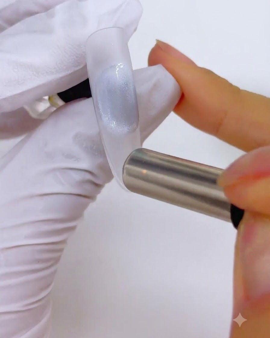 Ein zylindrischer Magnet formt magnetisches Gel auf einem Nagel, um eine Perle zu bilden.
