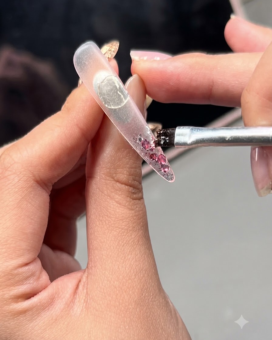 Ein Pinsel verteilt rosa Glitzerflakes auf einer klaren Nagelverlängerung.