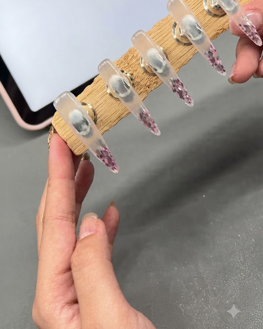 Eine Hand hält einen hölzernen Nagelständer kopfüber, damit sich das Gel glätten kann.