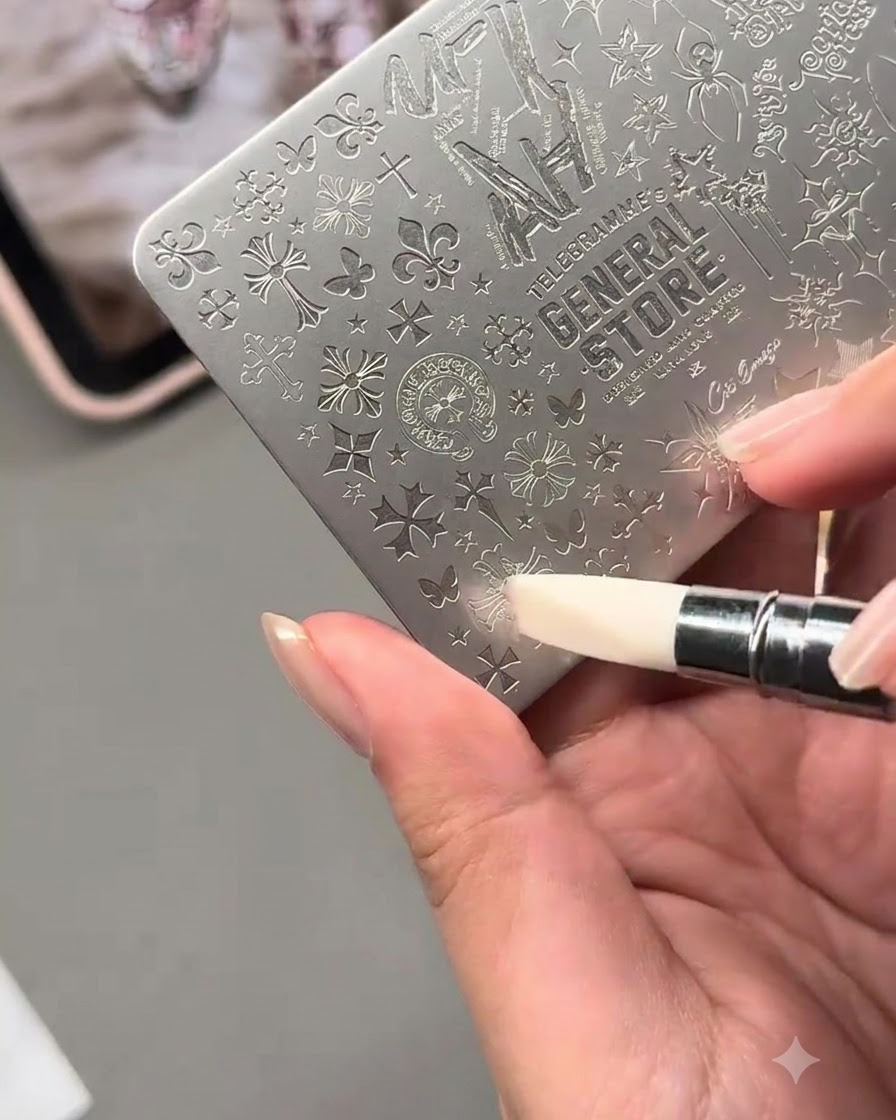 Ein Werkzeug kratzt überschüssigen Lack von einer detaillierten Metal-Stamping-Platte ab.