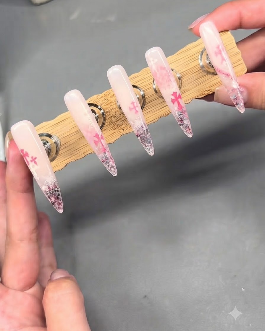Ein Präsentationsständer hält fünf lange Nude- und Rosa-Verlaufs-Press-On-Nägel mit Chrome-Hearts-Stamping und Strassverzierungen.