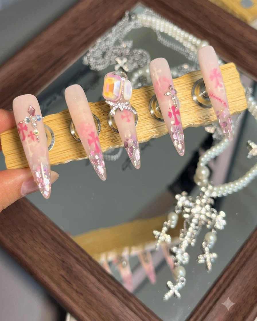 Eine Nahaufnahme eines verzierten Nagels mit einem großen Zentralkristall und kleinen metallischen Stahlkugeln, die ordentlich um dessen Basis platziert sind.
