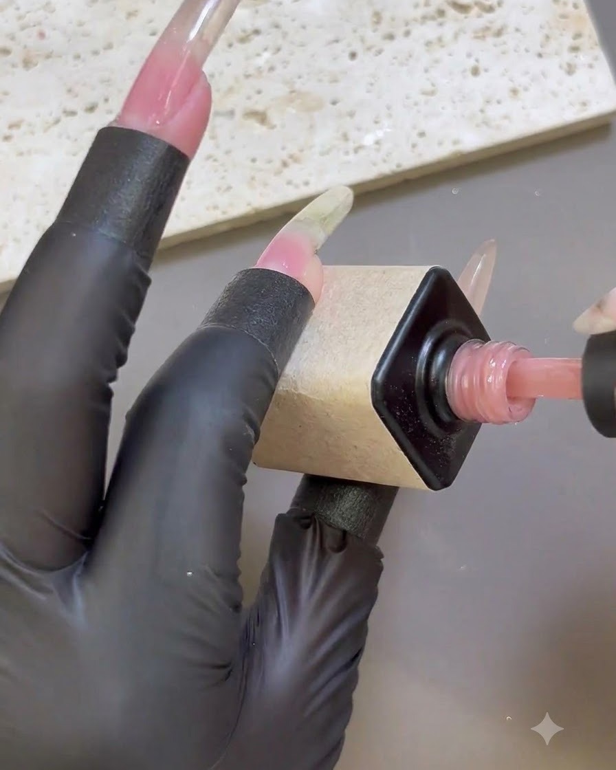 Eine handschuhtragende Hand trägt Nude-Rosa Base-Gel auf eine lange Nagelverlängerungsschablone auf.