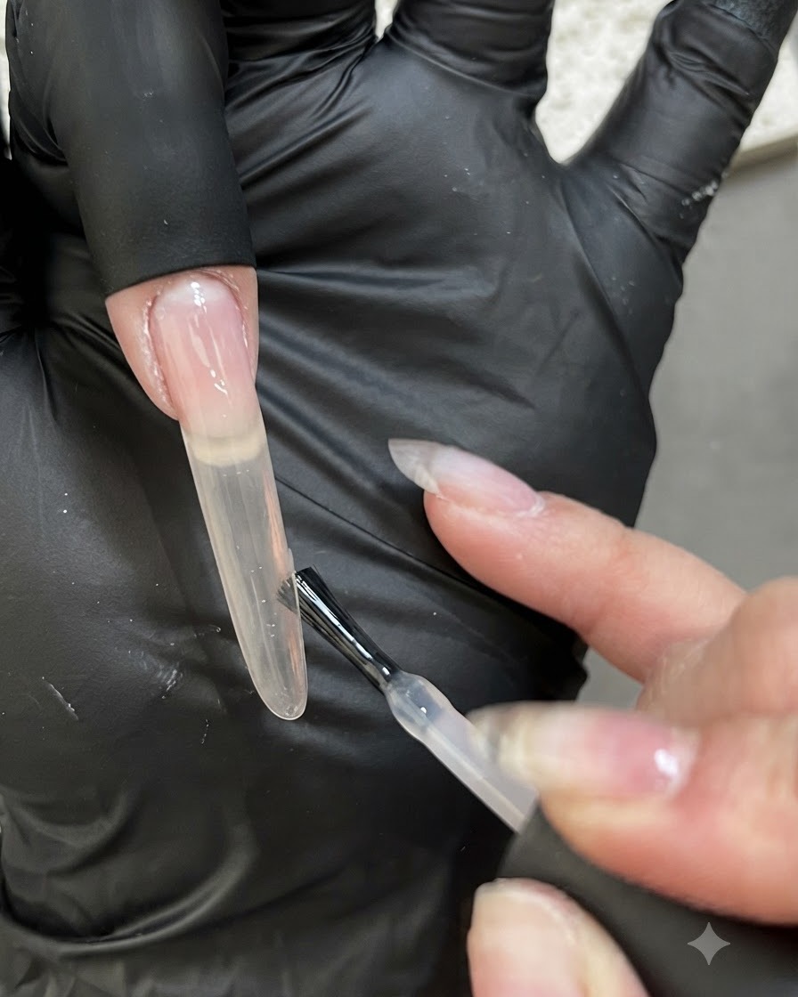Nahaufnahme eines Pinsels beim Auftragen einer zweiten, dickeren Schicht Nude-Rosa Gels auf eine Nagelverlängerung.