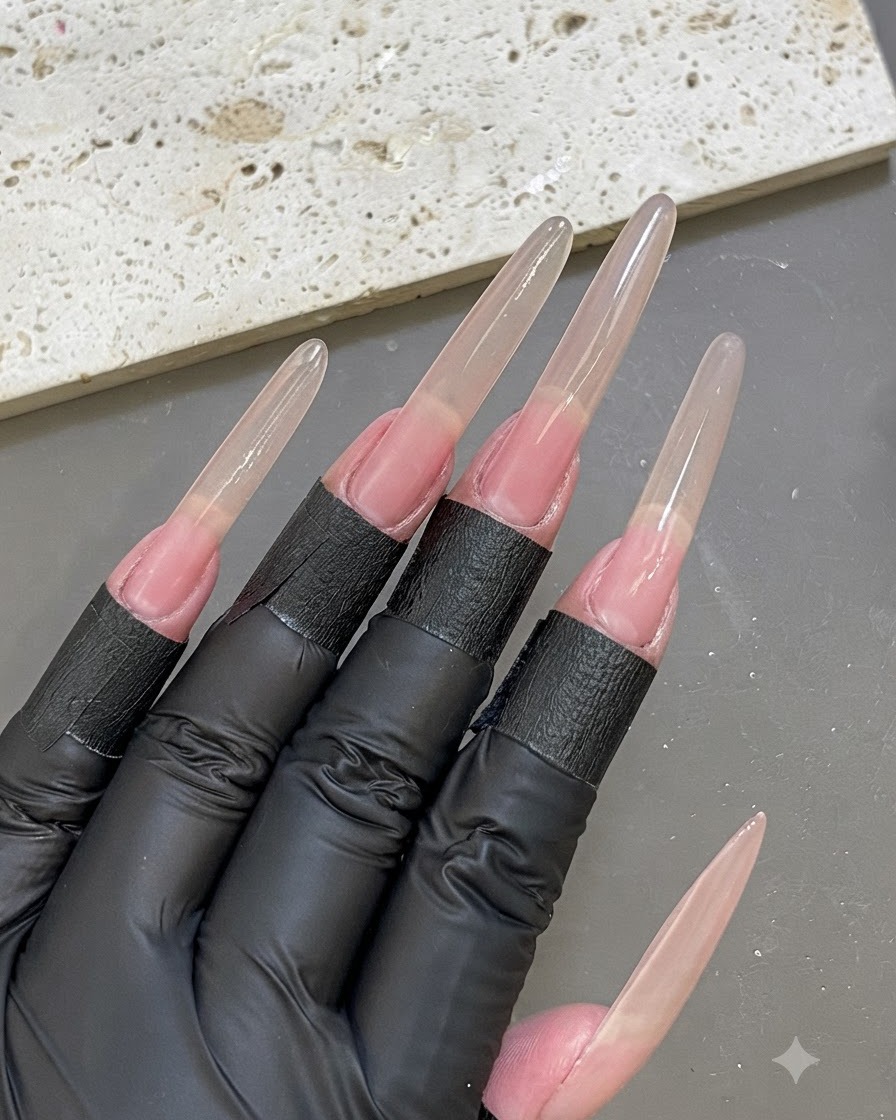 Eine Ansicht von oben auf eine Hand mit identischen Nagelverlängerungsschablonen an allen Fingern.