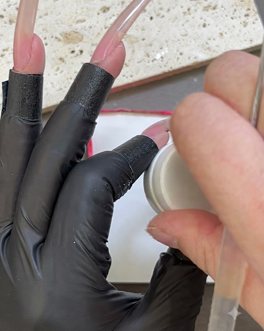 Eine handschuhtragende Hand tupft einen weißen Kosmetikschwamm in einen kleinen Behälter mit weißem Gel.