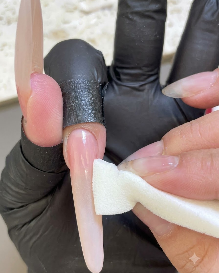 Ein Schwamm tupft weißes Gel auf die Spitze einer rosa-basierten Nagelverlängerung, um einen Ombré-Verlauf zu formen.