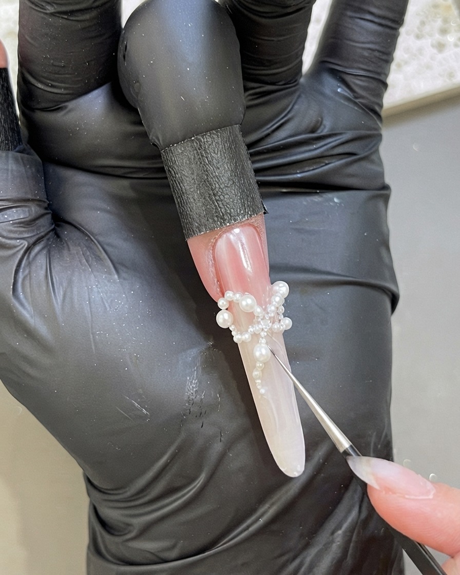 Eine handschuhtragende Hand verwendet eine feine Pinzette, um kleine weiße Perlen auf einem verlängerten Nagel zu einer Schmetterlingsschleife zu formen.