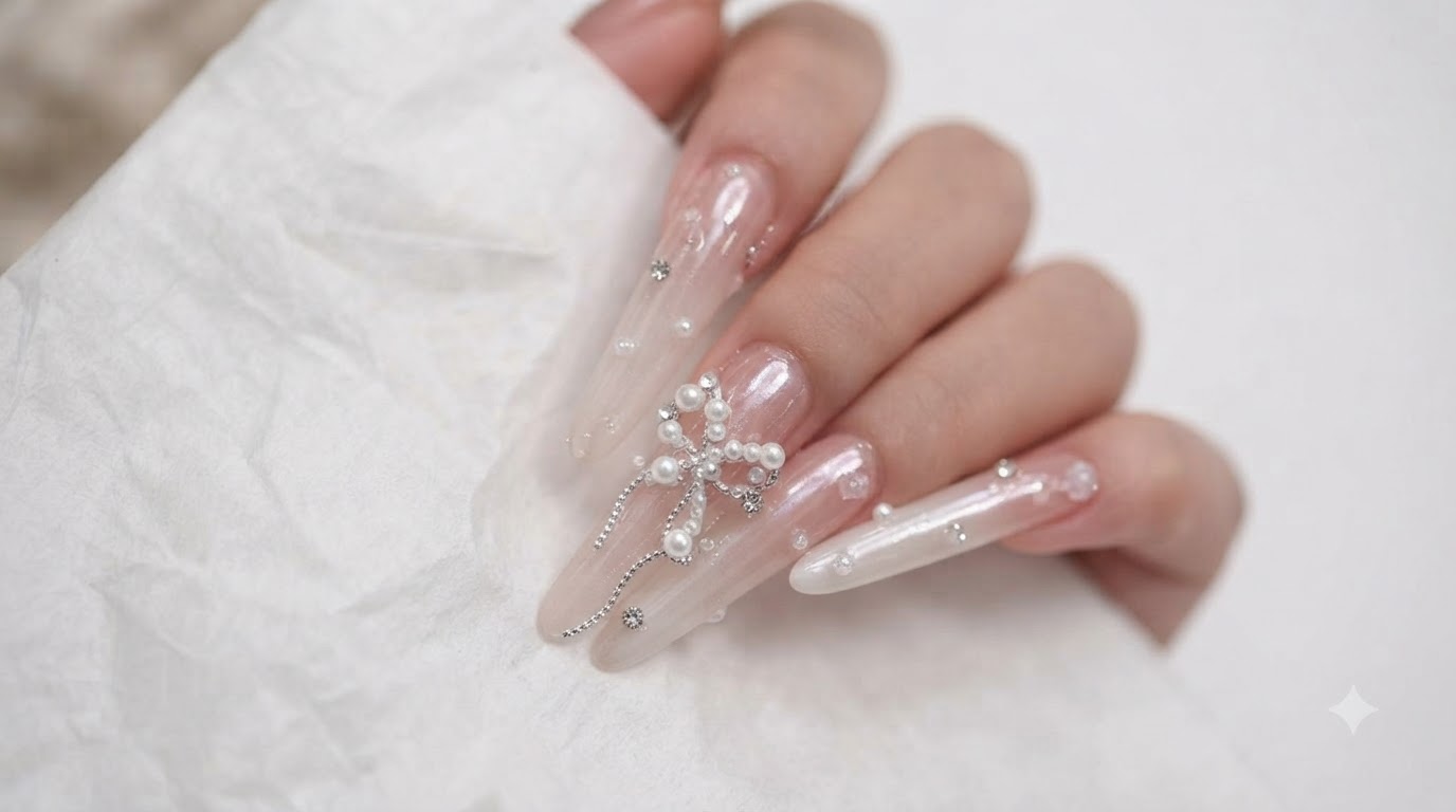 Moonlight Pearl & Diamond Ribbon Ethereal Gel Nägel Tutorial