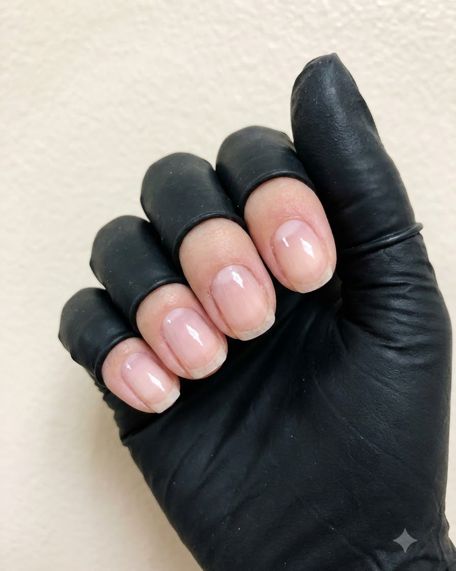 Ein flacher Gelpinsel trägt eine glatte, transparente Schicht Base Coat auf eine natürliche Nagelplatte auf.