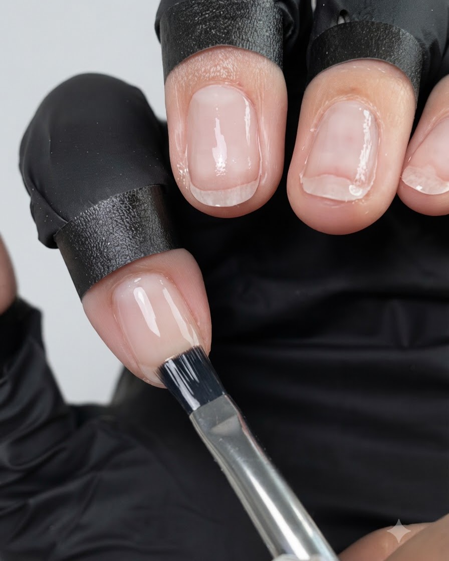 Ein Pinsel trägt einen durchsichtigen Nude-Gelack gleichmäßig über die Oberfläche eines Fingernagels auf.