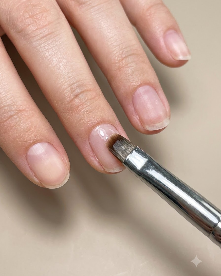 Ein Make-up-Schwamm tupft Farbe auf die Nagelspitze, um einen Ombré-Farbverlauf zu erzeugen.