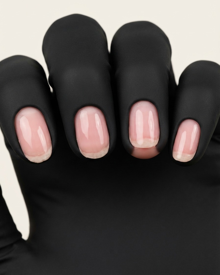 Eine Nagelfeile formt die Seitenkanten und die freie Kante von manikürten Nägeln mit schwarzen Fingerschutzhüllen.