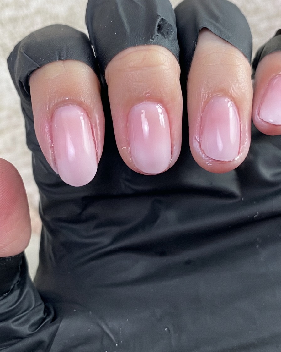 Nahaufnahme einer frischen Schicht klarem Base-Gels, die auf der Oberfläche präparierter Nägel glänzt.