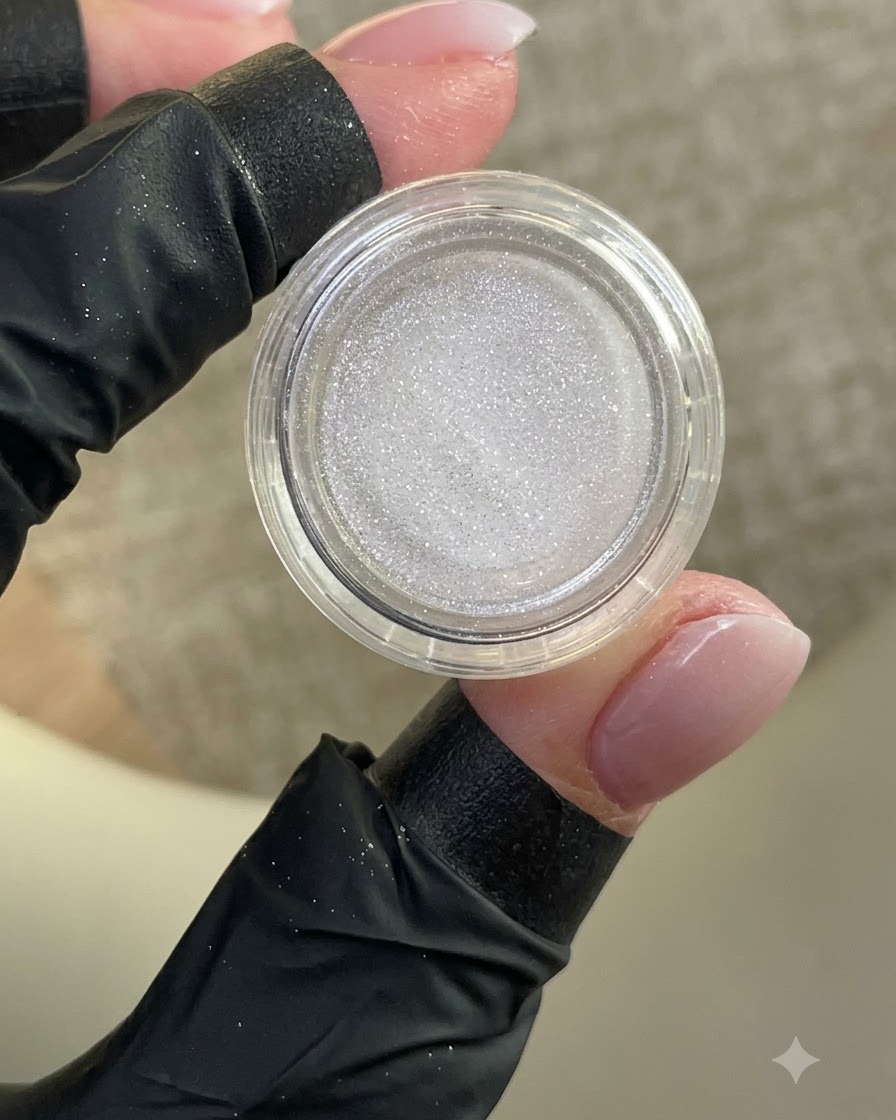 Eine behandschuhte Hand hält einen offenen, kleinen Tiegel mit schimmerndem weißem Puder, während ein manikürter Nagel zu sehen ist.