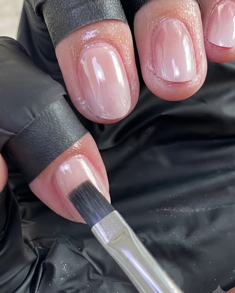 Ein Nagelpinsel trägt sorgfältig eine klare Schicht stärkendes Gel auf einen manikürten Fingernagel auf.