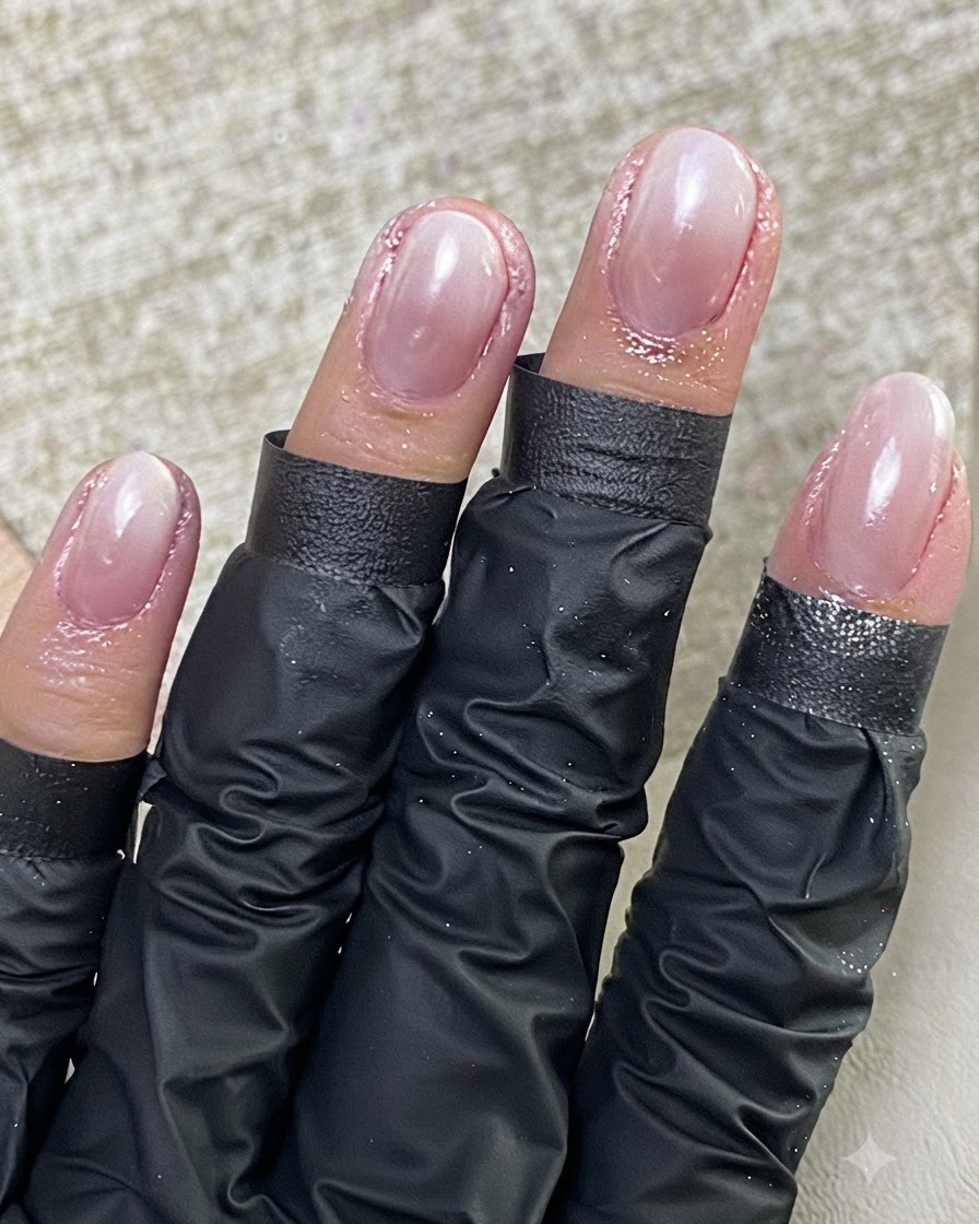 Ein Nagelpinsel trägt einen glatten, glänzenden Topcoat über eine vollständige Maniküre auf.