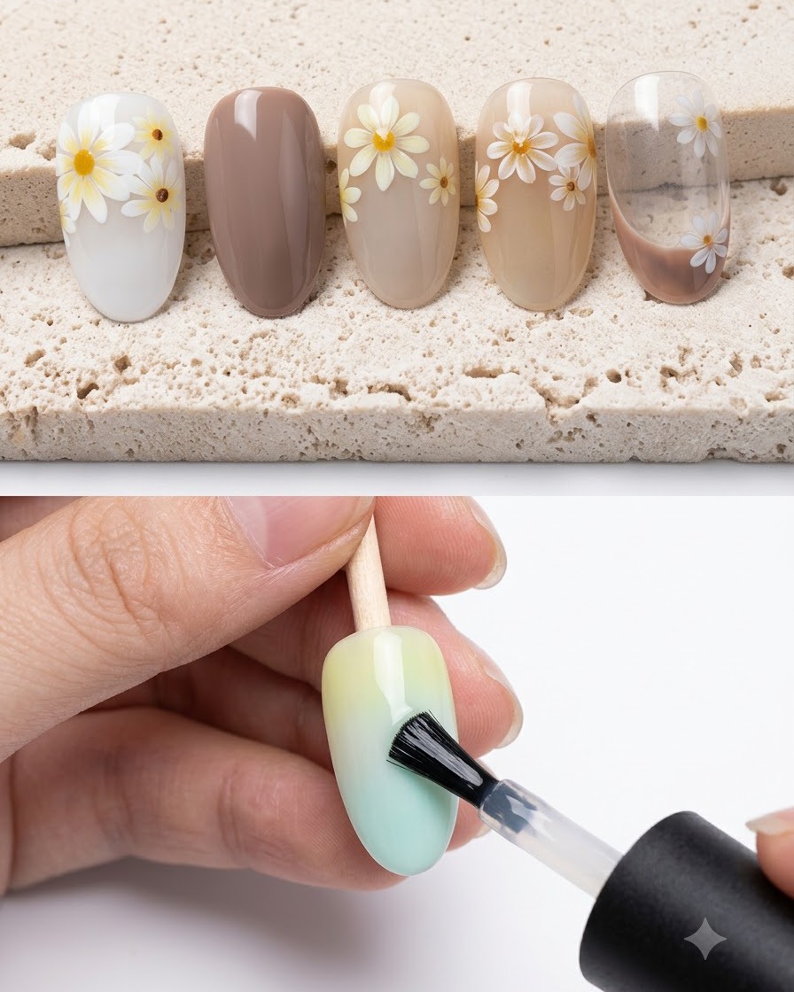 Ein Pinsel trägt milchweißes Gel-Polish auf die Oberfläche einer Nagelspitze auf.