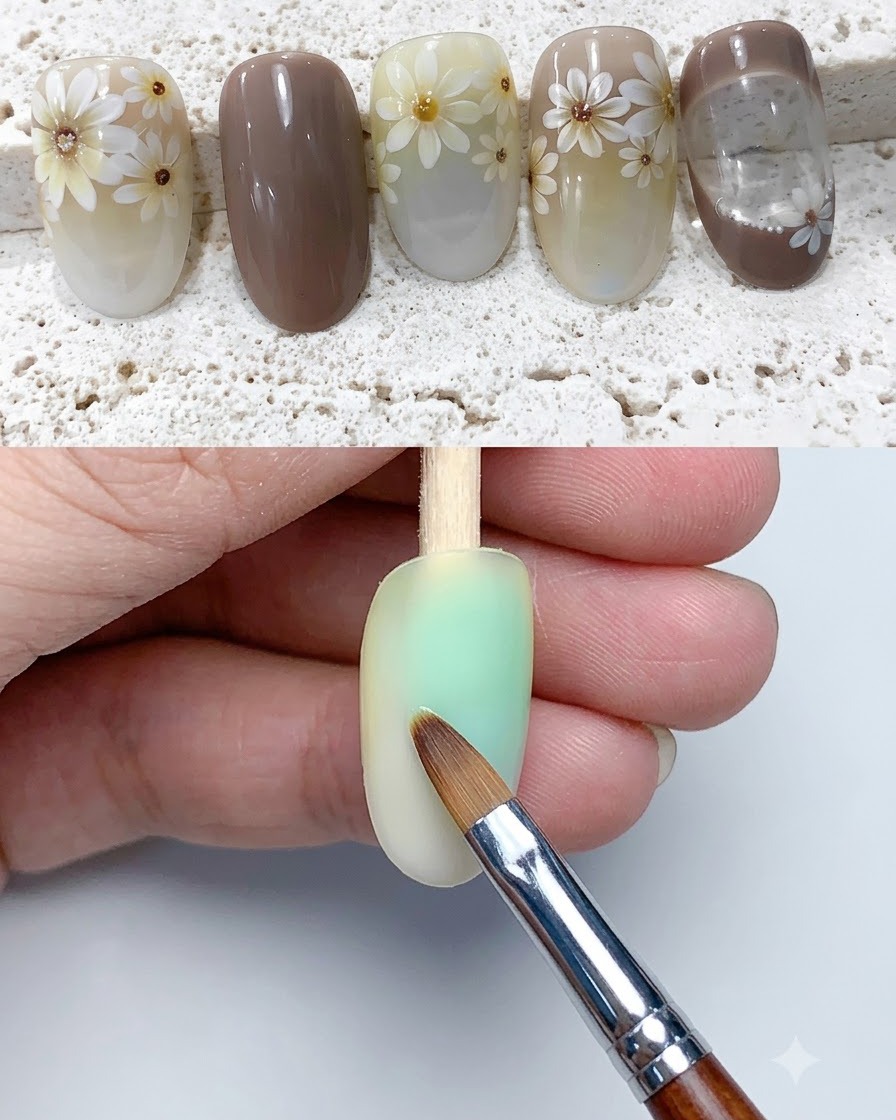 Ein Pinsel trägt einen matten Top Coat auf die ausgehärtete Nageloberfläche auf.